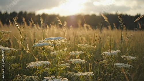 Low-angle cinematic view gliding over meadow grass with flowers and sunlight sparkles