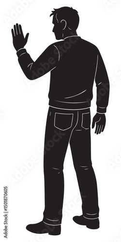 Man silhouette waving hand illustration in black and white casual attire digital art design asset