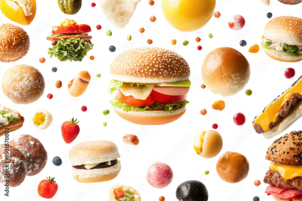 Floating fast food Burgers buns sweets and sandwiches on a white background Floating fast food Burgers buns sweets and sandwiches on a white background