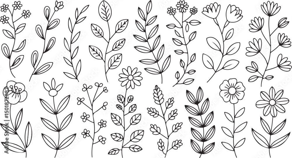 Fototapeta premium Hand-drawn collection of various flowers and plants, perfect for botanical, nature, and decorative design themes.
