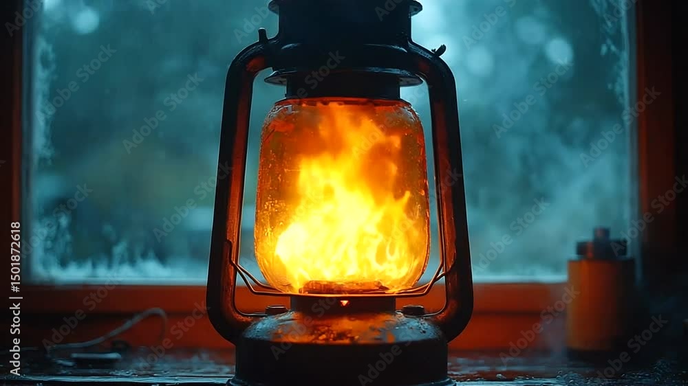 Vintage kerosene lamp burning brightly in a rainy window setting.