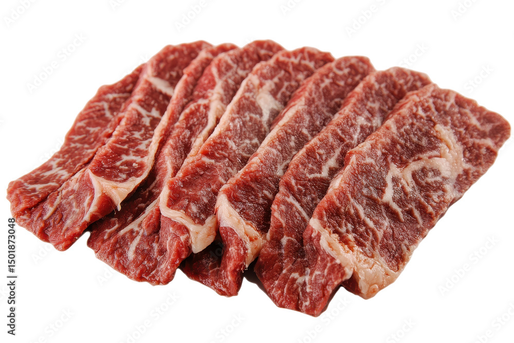 Obraz premium Exquisite beef slices reveal intricate marbling promising a flavorful culinary experience against a stark white background