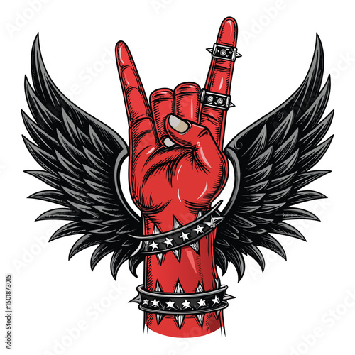 A demonic hand, adorned with thorns, fiercely displays the rock-and-roll hand gesture, suggesting victory.  Blood-red nails accentuate the devilish detail.