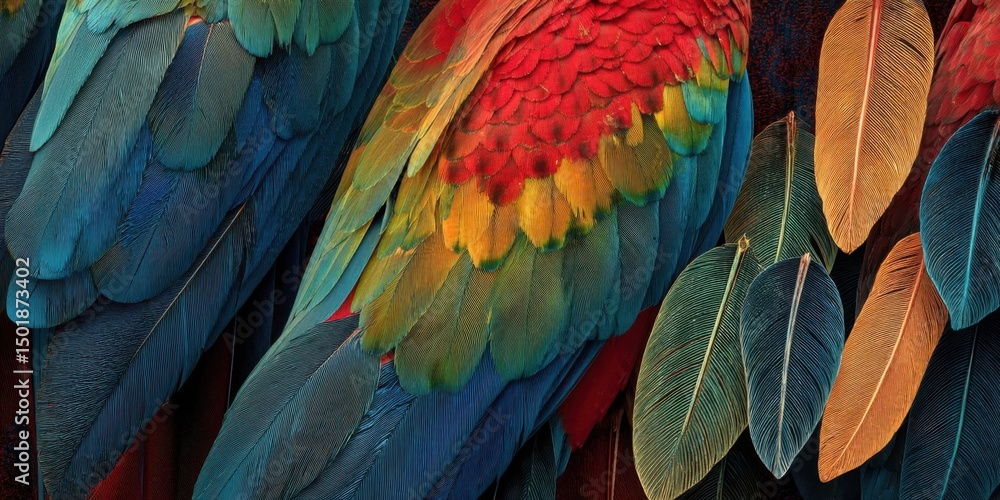 Fototapeta premium Close-Up of Vibrant Macaw Feathers Showcasing Exotic Plumage Detail