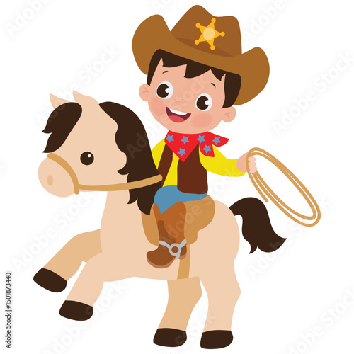 Cute little cowboy riding a horse vector cartoon illustration