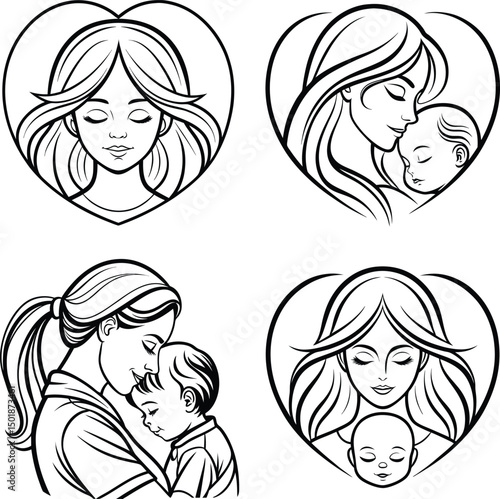 Mother and Child Heart Shaped Line Art Illustrations