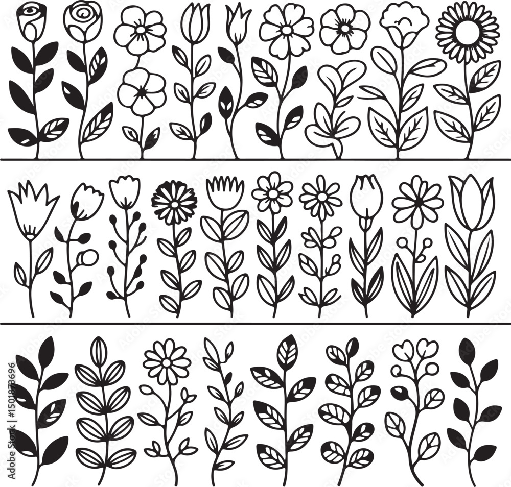 Fototapeta premium Hand-drawn collection of various flowers and plants in a repeated pattern, perfect for botanical and decorative design themes.