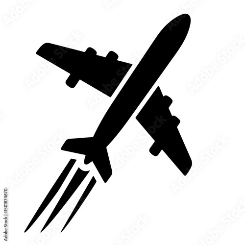 A black silhouette of an airplane taking off, illustrated in a simple style.