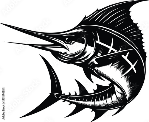 Marlin fish vector Illustration, Black And White Colour	