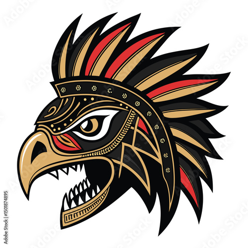 Create a detailed digital painting of a tribal falcon mask, adorned with menacing spikes and sharp, predatory teeth.  The mask should evoke a sense of power and primal fear.