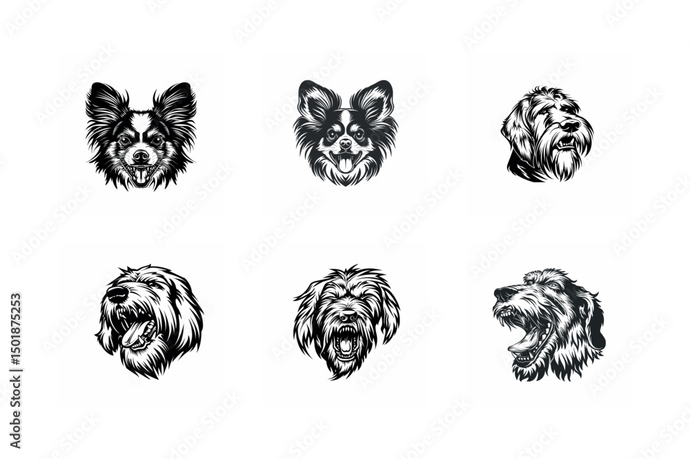 Obraz premium Six dog breed portraits black and white illustrations
