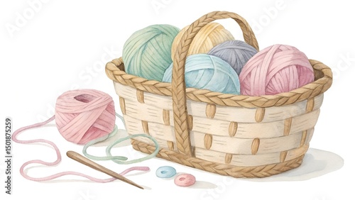 basket with yarn for knitting watercolor clipart
