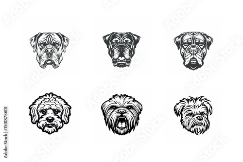 Six dog breed head illustrations black and white