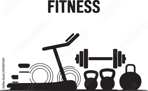 Black silhouette of fitness equipment, including weights, kettlebells, treadmill, and the word "FITNESS," ideal for health, gym, and sports-themed designs.