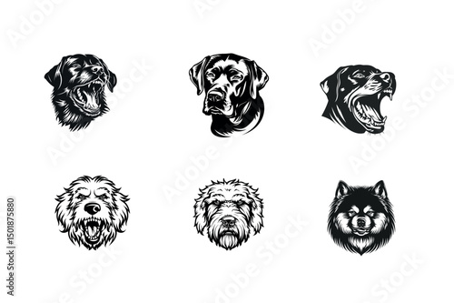 Six dog breed head illustrations black and white