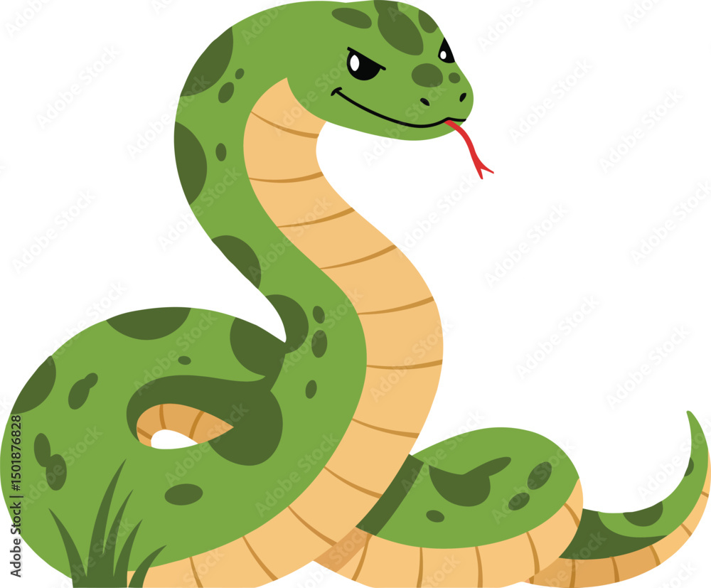 Naklejka premium Green snake with spots coiled on grass cartoon vector illustration with tongue out natural reptile animal design 