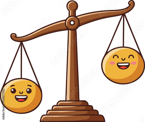 Balance scale with smiling emoji faces showing happiness and fairness in cute cartoon style vector illustration 