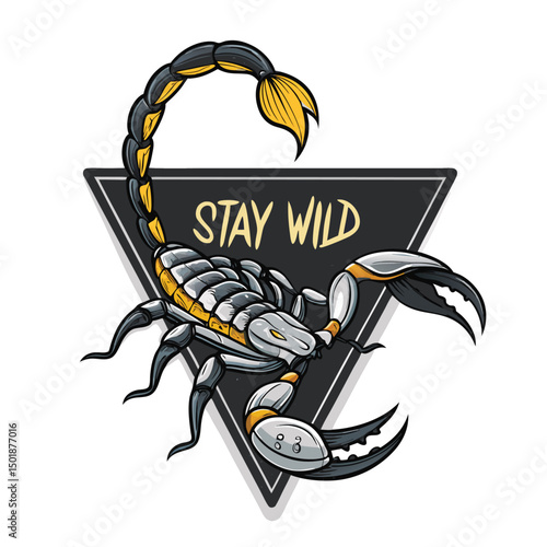 A scorpion's venomous tail pierces a triangular badge, creating a striking, symbolic image.  High detail, dark background.