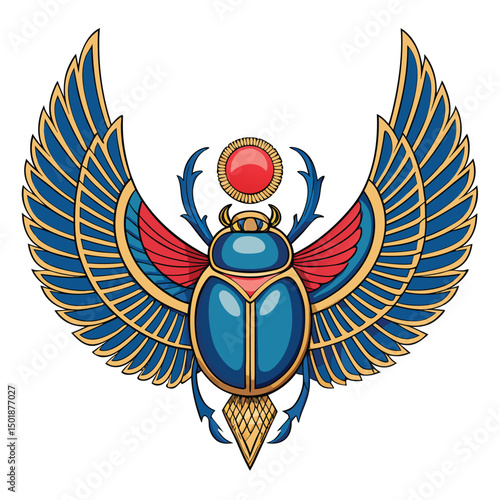 A majestic scarab beetle, wings outstretched in flight, adorned with a vibrant gemstone at its core, radiating brilliant light.