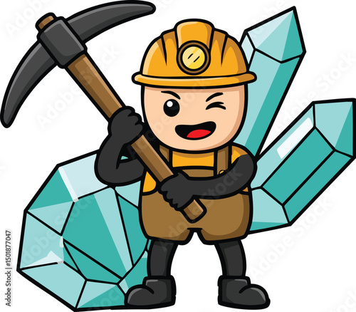 Cartoon miner holding pickaxe with large blue crystals behind cheerful mining worker illustration vector 