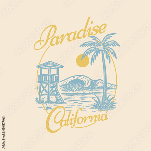 Paradise california text. beach side palm tree with beach resort t-shirt design. Retro Color summer view. tropical sunshine paradise.