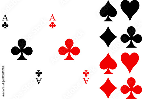 Set of playing card icons on transparent background, black and red color, vector and minimalist illustration