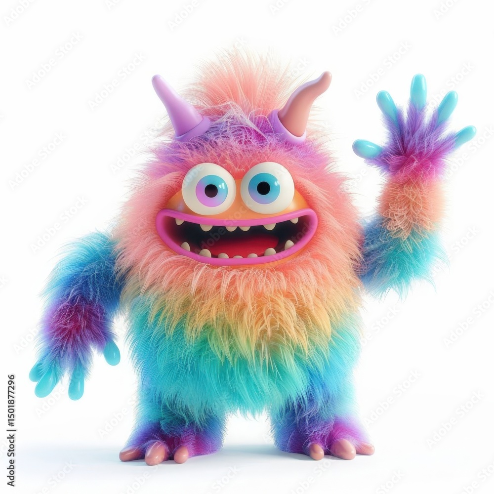 Adorable Fluffy Monster Waving: 3D Render Symbolizing Friendship and Greeting Adorable Fluffy Monster Waving: 3D Render Symbolizing Friendship and Greeting