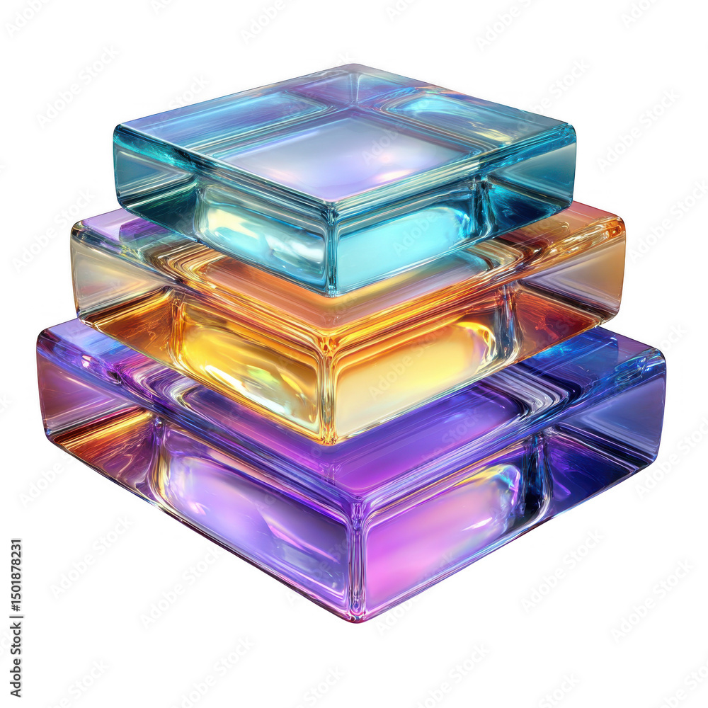 Stacked glass cubes iridescent colors isolated on transparent background Stacked glass cubes iridescent colors isolated on transparent background