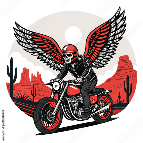 A winged skeleton biker roars through a retro desert landscape, sun-bleached bones gleaming.  Detailed rendering, vibrant colors.