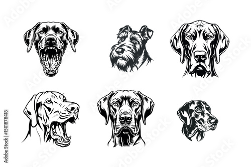 Six dog breed portraits black and white illustrations