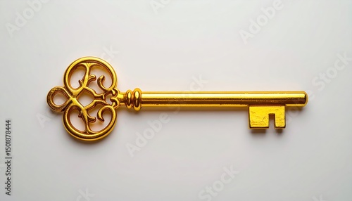 Ornate golden key on white surface. Highlights show detail