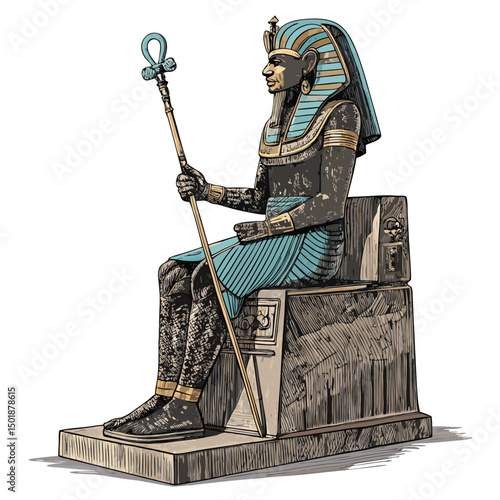 A majestic seated pharaoh statue, intricately carved,  wearing a Nemes headdress and holding an ankh, rendered in full body detail.
