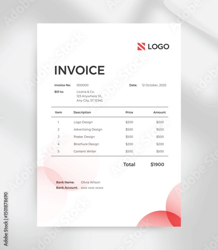 Modern Minimalist Invoice Template in Soft Red Circles  A4 Printable Business Layout