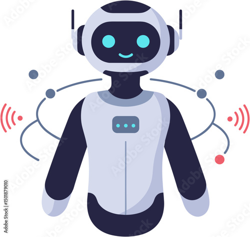 Friendly robot character with headphones and connecting lines  
