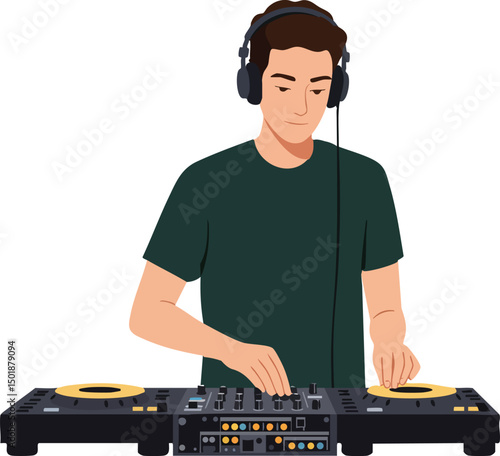 Male DJ mixing music on turntables with headphones vector illustration in modern style 