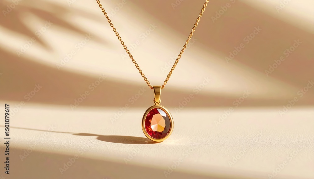 Fototapeta premium Golden chain necklace with oval reddish stone pendant on a warm, textured background