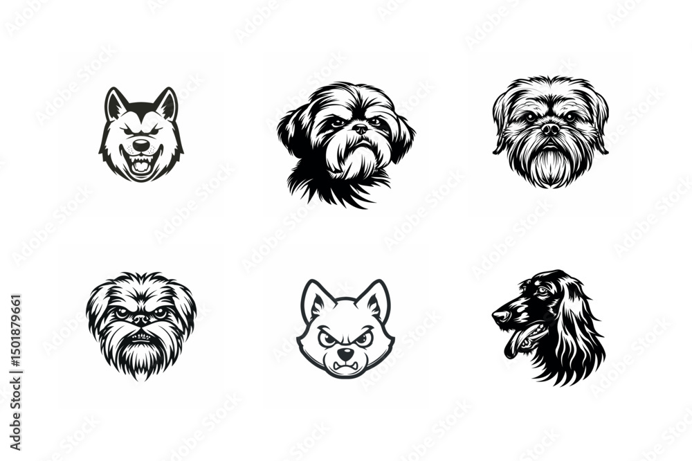 Obraz premium Six dog breed head illustrations black and white