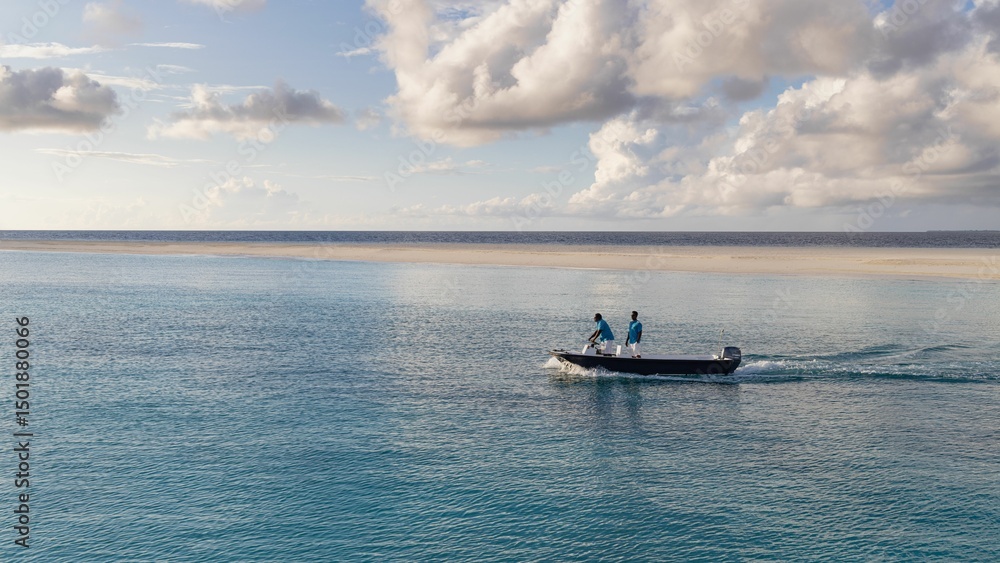 Naklejka premium Workers heading off to work on atol island.