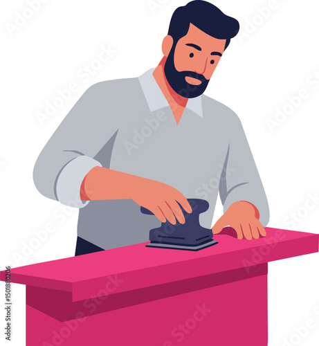 Man sanding wooden furniture with electric sander in workshop vector illustration 