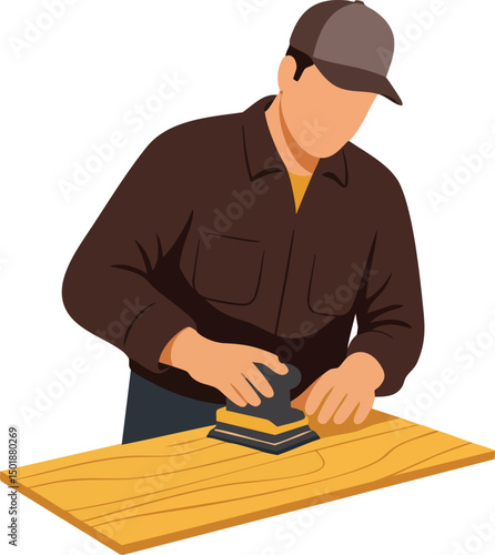 Man sanding wooden board with electric sander tool in workshop for woodworking projects and craftsmanship 