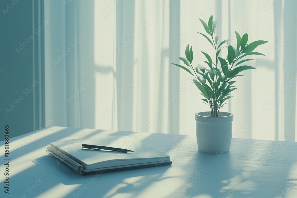 Fototapeta premium Clean workspace featuring a notebook and pen on a minimalist desk