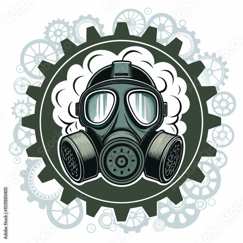 A vintage gas mask, shrouded in swirling grey smoke, amidst intricate clockwork gears; gritty, detailed, atmospheric, post-apocalyptic aesthetic.