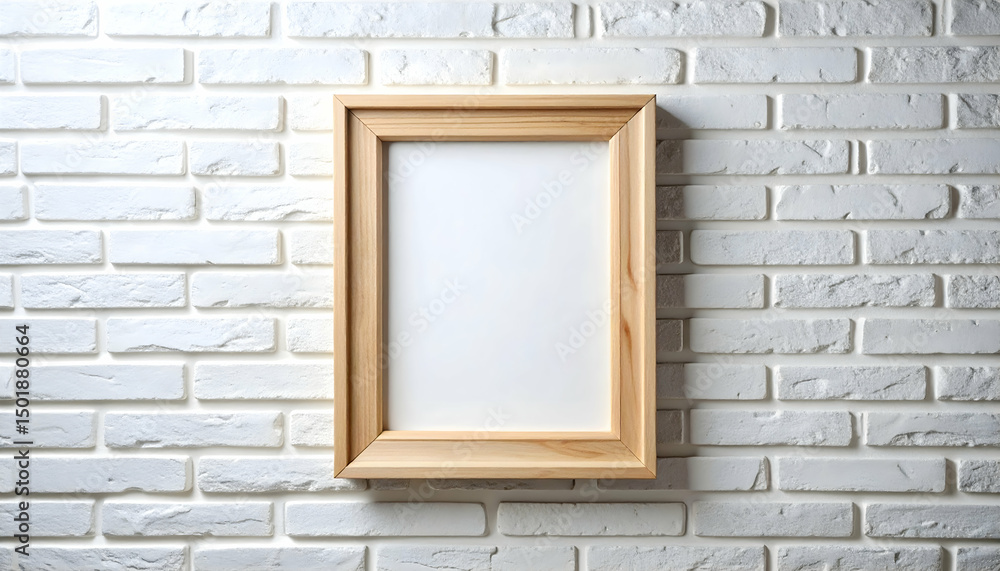 Empty Wooden Frame on White Brick Wall Empty Wooden Frame on White Brick Wall