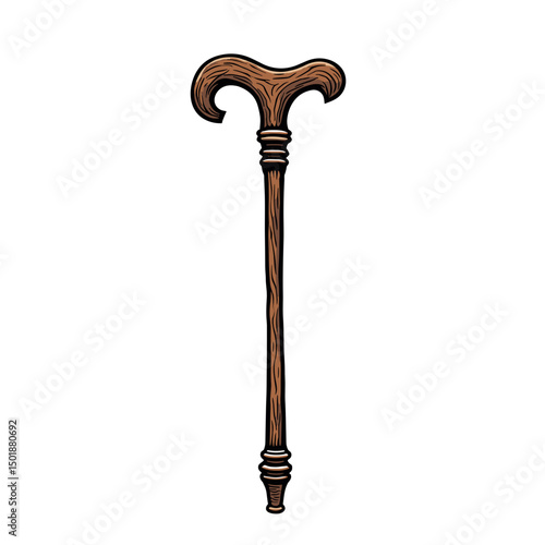 Detailed Illustration of a Vintage Wooden Walking Stick with a T-Shaped Handle on White Background