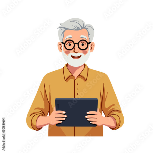 Cartoon Illustration of a Smiling Elderly Man with Gray Hair Holding a Tablet, Vector Style