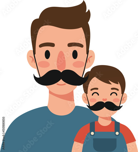 Father and son with mustaches matching family portrait vector illustration in casual clothing 