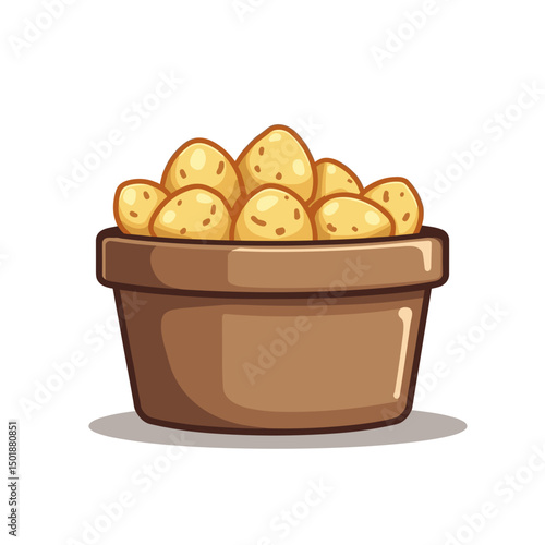 Cartoon Illustration of Potatoes in a Brown Pot, Fresh and Natural Food Ingredients