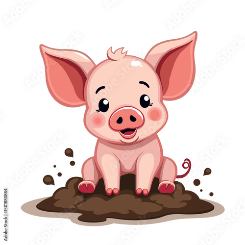 Cute Cartoon Piglet Sitting on a Mud Pile Illustration for Children's Books