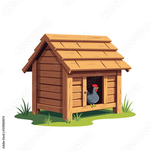 Cartoon Illustration of a Hen in a Wooden Chicken Coop on Green Grass, Farm Animal Shelter