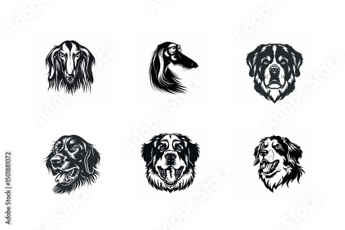 Six dog breed head portraits black and white illustrations